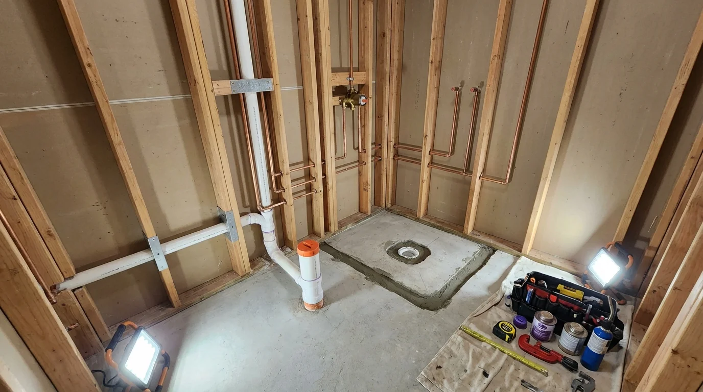 Bathroom rough-in plumbing during remodel by Johns Plumbing LLC in Benld