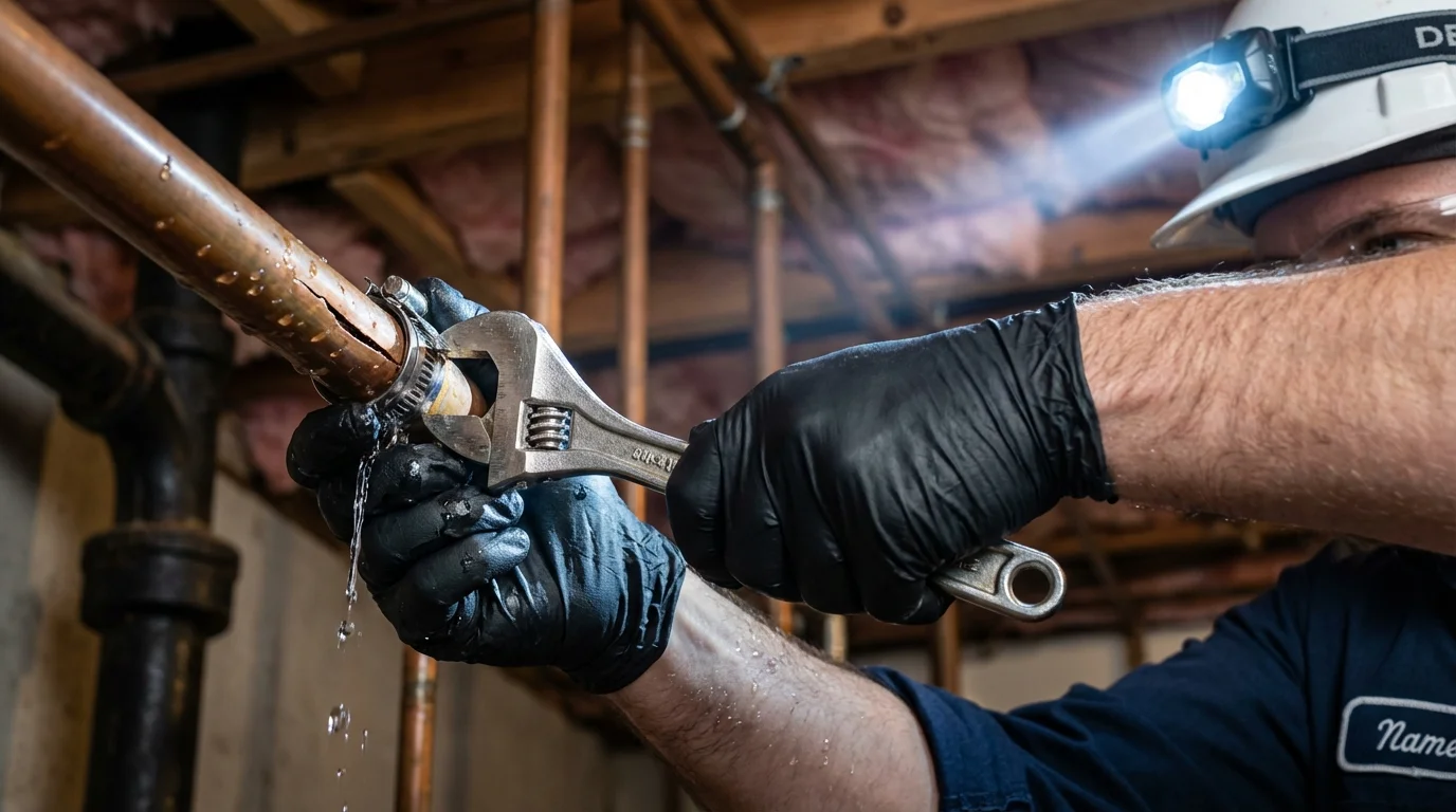 Emergency pipe clamp repair being performed by a Johns Plumbing LLC plumber in Benld