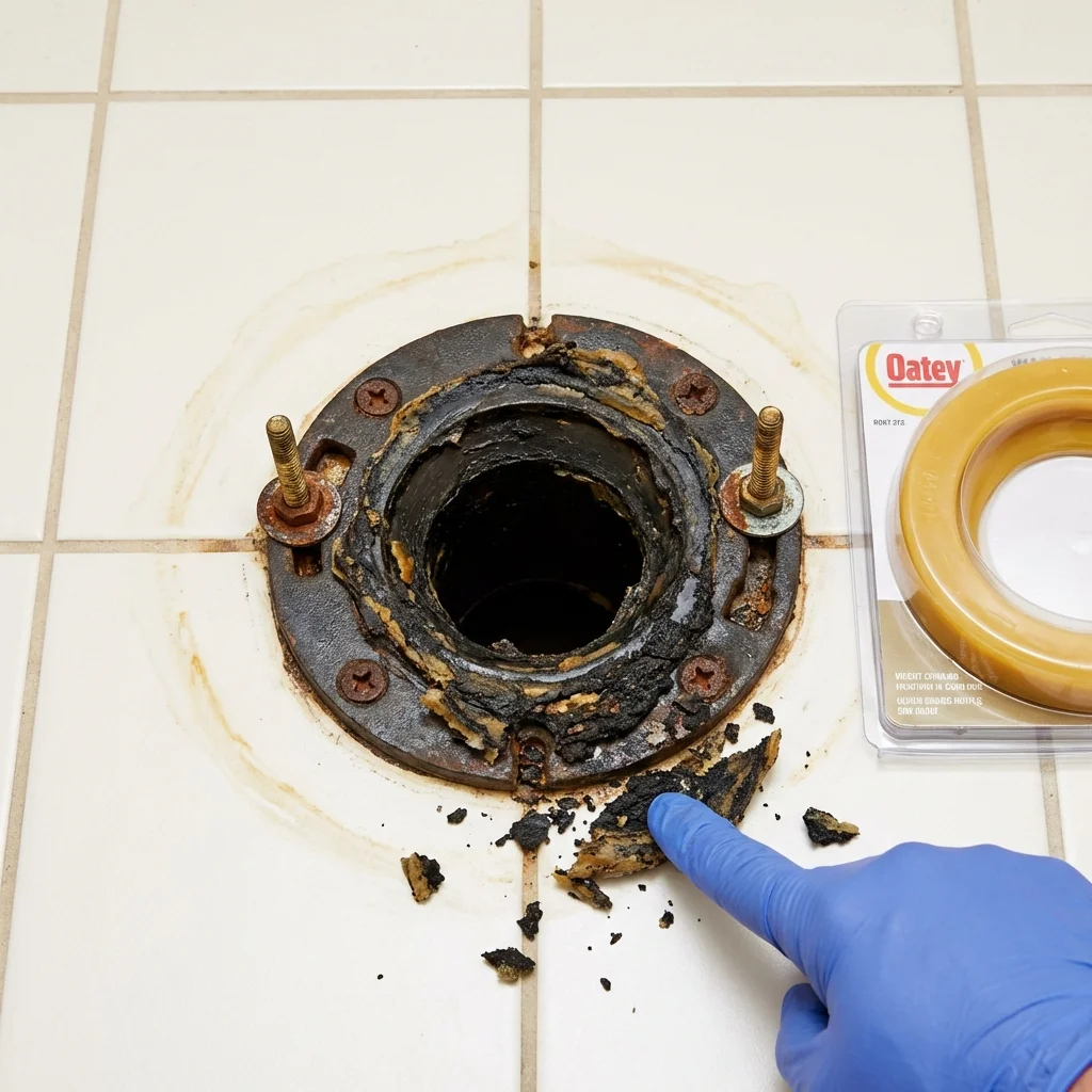 Failed wax ring showing water seepage at the base of a toilet in a Benld, IL home